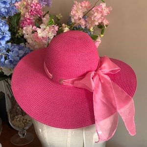 Extra Wide brim straw sun hat with ribbon, EUC